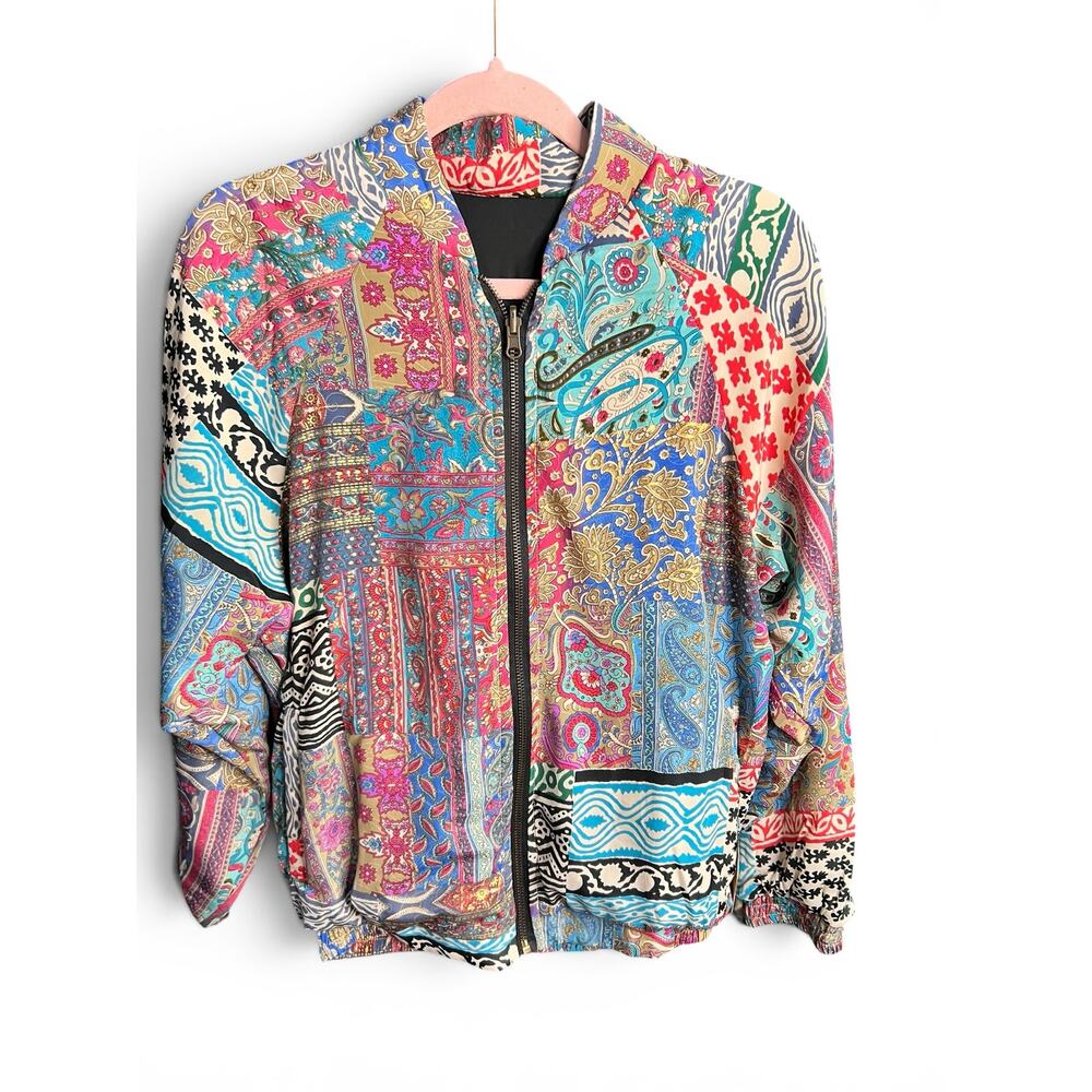 NWT Earthbound Trading Patchwork Sari Reversible Bomber Jacket Boho Paisley